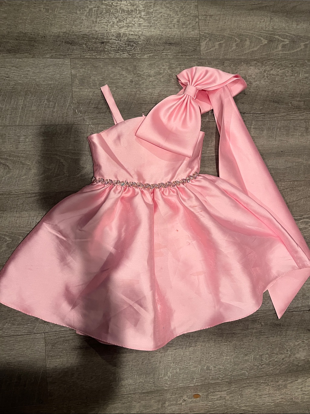 Rare Editions Pink Satin Party Dress With Shoulder Bow And Jeweled Waistband
